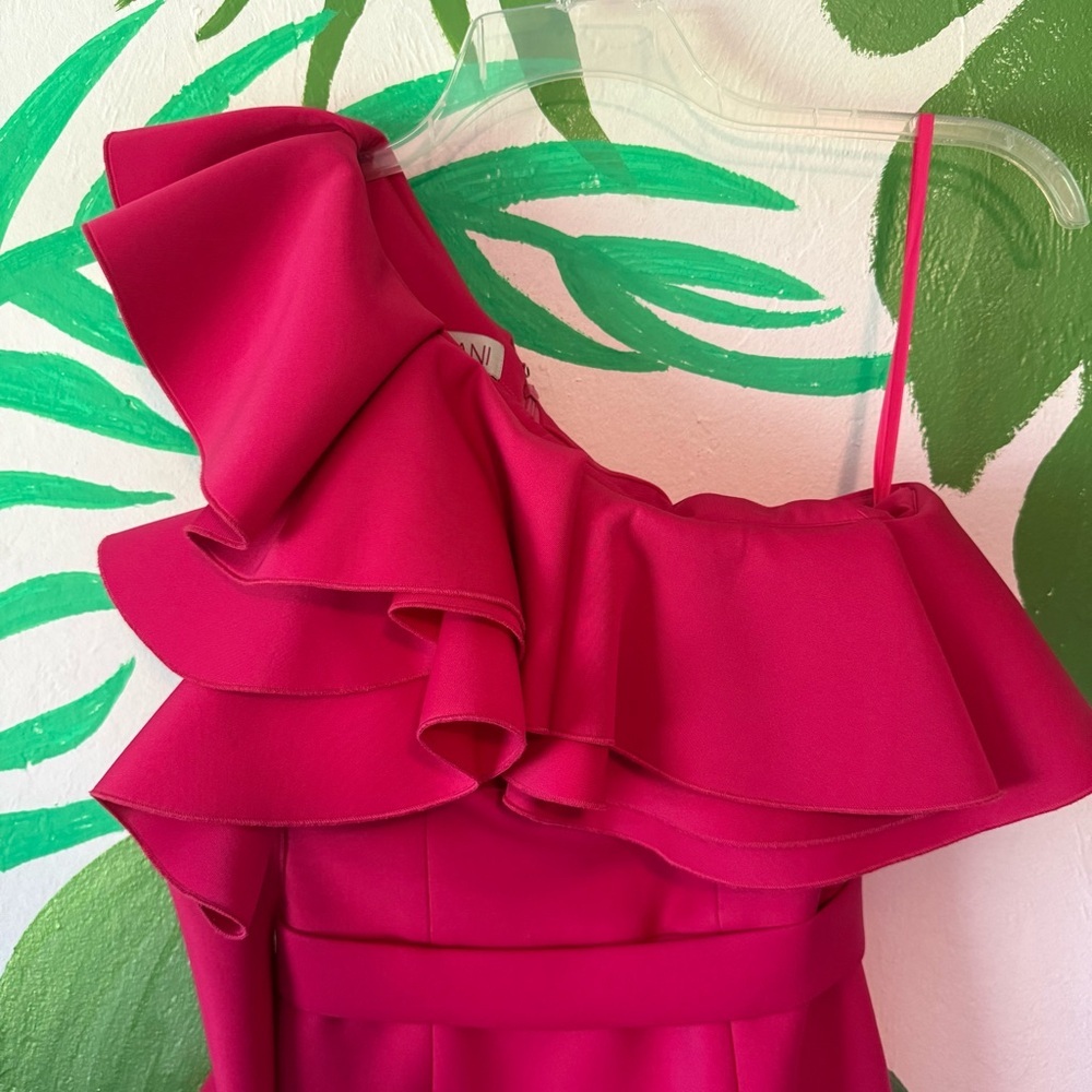 Jovani One-Shoulder Ruffle Mini Dress in Fuchsia - Picture 2 of 6